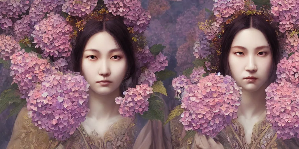 Image similar to breathtaking detailed concept art painting portrait of the goddess of hydrangea flowers, orthodox saint, with anxious piercing eyes, ornate background, amalgamation of leaves and flowers, by hsiao - ron cheng, extremely moody lighting, 8 k