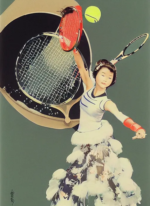 Image similar to a copic maker art nouveau portrait of a japanese girl playing tennis at high speed wearing a futuristic latex pilot suit and a puffy skirt designed by balenciaga by john berkey norman rockwell