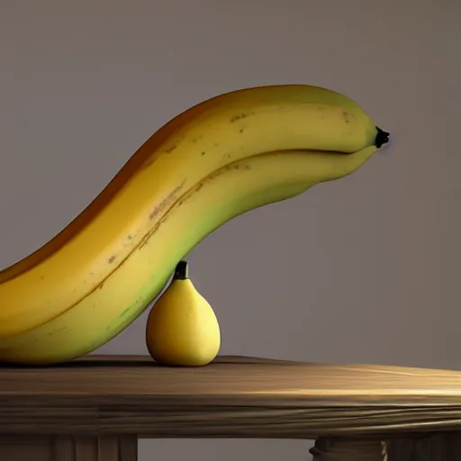 Prompt: a humongous banana lying suspiciously on an antique mahagony table, volumetric lighting, sus, amogus, realistic, Ue5, RTX, raytracing