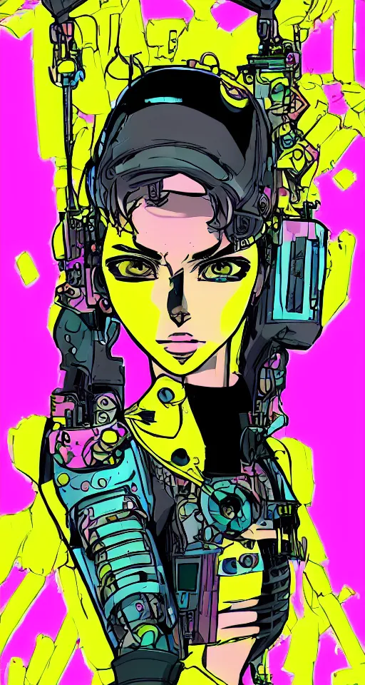 Image similar to portrait of a female cyborg cyberpunk gutterpunk, yellow and pink, in the style of manga