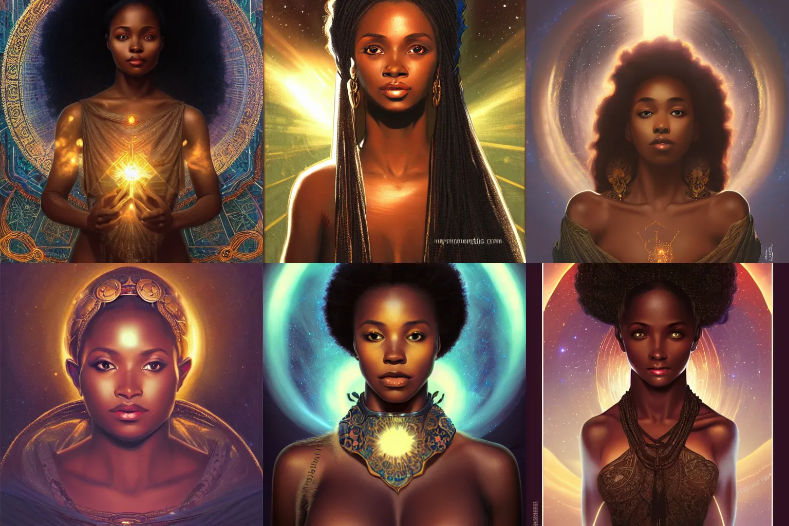 Prompt: black african princess, warm volumetric lighting, cosmic, symmetric, highly detailed, elegant, concept art, heavenly, god rays, glowing eyes, intricate, sharp focus, illustration, alexandros pyromallis, bouguereau, rutkowski, artgerm, alphonse mucha