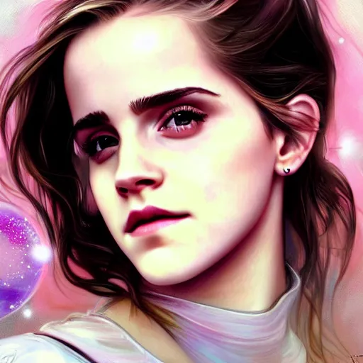 Prompt: dream portrait of Emma Watson, dreamy and ethereal, expressive pose, big pink eyes, exciting expression, fantasy, intricate, elegant, many rainbow bubbles, rose tones, highly detailed, digital painting, artstation, concept art,cyberpunk wearing, smooth, sharp focus, illustration, art by artgerm and greg rutkowskiand alphonse mucha,Salvador Dali.