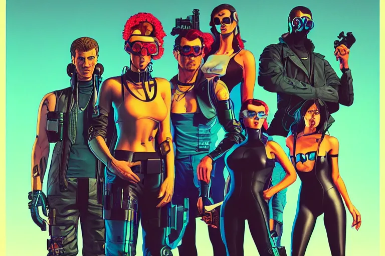 Image similar to cyberpunk heist crew. portrait by stonehouse and mœbius and will eisner and gil elvgren and pixar. character design. realistic proportions. dystopian. cyberpunk 2 0 7 7 character art, blade runner 2 0 4 9 concept art. cel shading. attractive face. thick lines. the team. diverse characters.