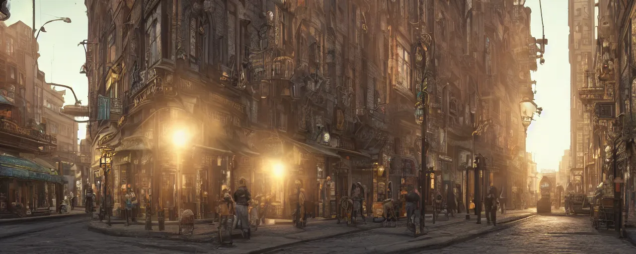 Prompt: photorealistic steampunk city streets. daylight. sunlight. lens flare. light fixtures. 8K. detailed. photorealistic, trending on Artstation. 25mm f/1.7 ASPH Lens. ultra realistic