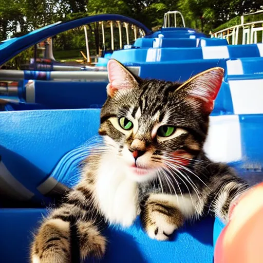 Prompt: selfie of a cat riding a roller - coaster