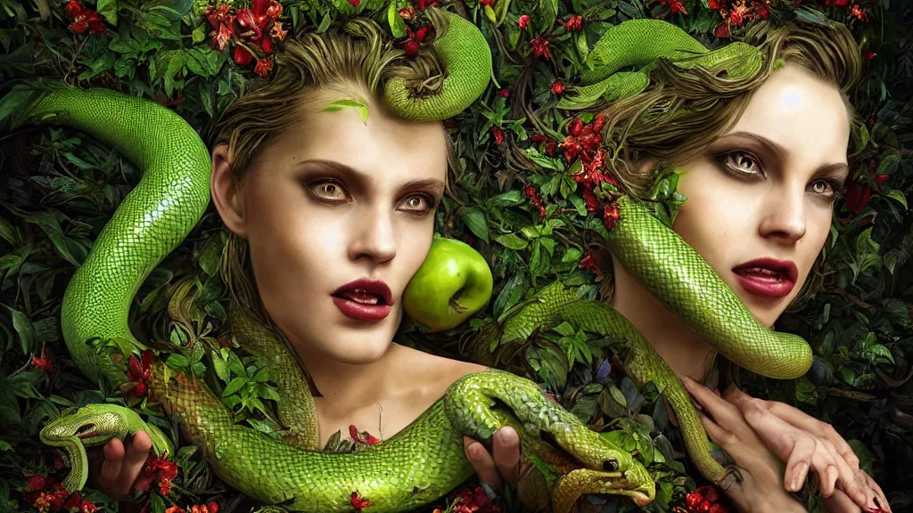 Prompt: portrait high definition photograph beautiful woman with a snake tongue licking an apple fantasy character art, hyper realistic, pretty face, hyperrealism, iridescence water elemental, snake skin armor forest dryad, woody foliage, 8 k dop dof hdr fantasy character art, by aleski briclot and alexander'hollllow'fedosav and laura zalenga