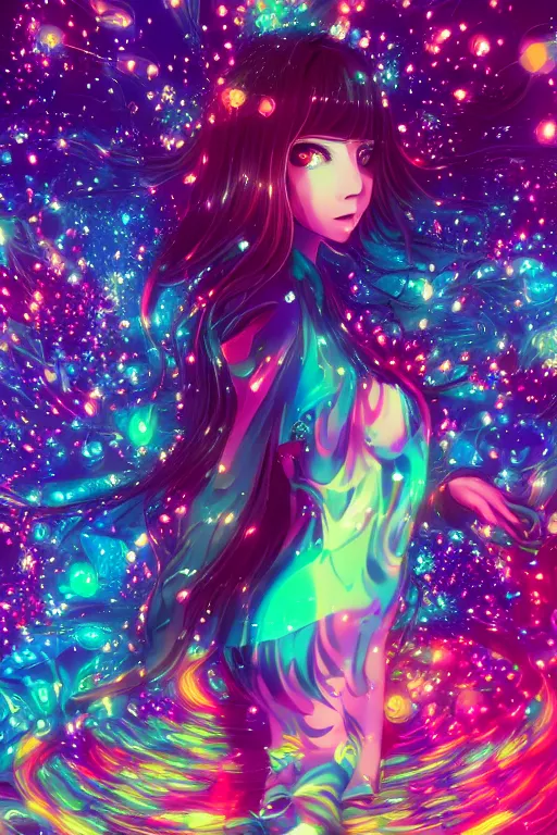 Image similar to psychedelic, whimsical, anime, 4k, beautiful intimate woman with professional makeup, long trippy hair, a crystal and flower dress, bathing in a reflective pond, underneath the stars, rainbow fireflies, trending on patreon, deviantart, twitter, artstation, volumetric lighting, heavy contrast, art style of Ross Tran and Ilya Kuvshinov