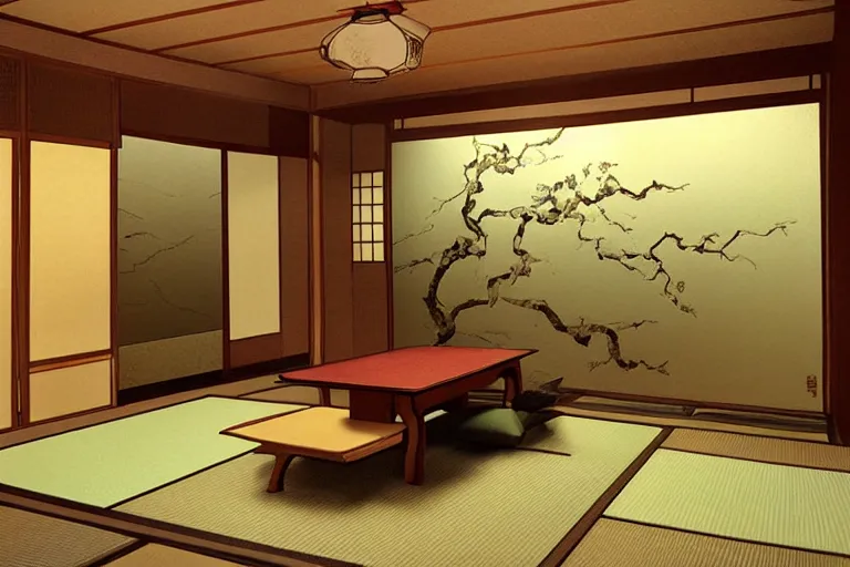 Image similar to concept art of japanese room, sen no rikyu, mad paint