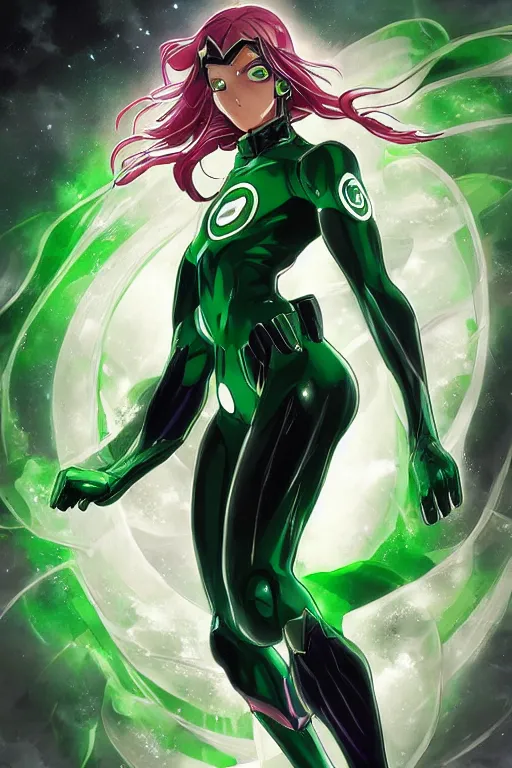 Image similar to anime key visual of a beautiful young female green lantern!! intricate, green and black suit, glowing, powers, dc comics, cinematic, stunning, highly detailed, digital painting, artstation, smooth, hard focus, illustration, art by artgerm and greg rutkowski and alphonse mucha