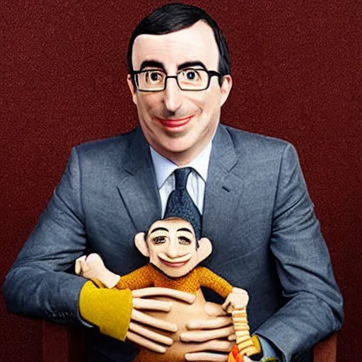 Prompt: !!! john oliver!!! as a ventriloquist dummy, wood - carving, colorful,