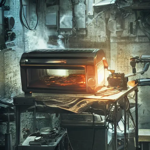 Image similar to head of toaster oven mecha, dark messy smoke - filled cluttered workshop, dark, dramatic lighting, orange tint, cinematic, highly detailed, sci - fi, futuristic, movie still