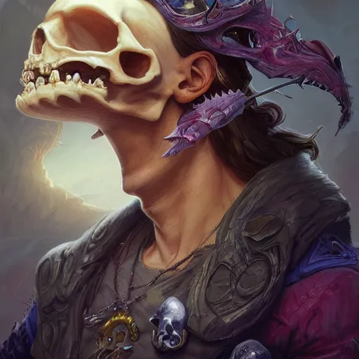 Image similar to a mind - blowing portrait of rayman wearing a human skull, deep focus, d & d, fantasy, intricate, elegant, highly detailed, digital painting, artstation, concept art, matte, sharp, illustration, hearthstone, art by artgerm and greg rutkowski and alphonse mucha