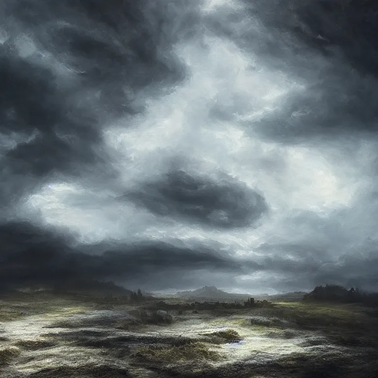 Prompt: A painting of landscape in stormy day, a mysterious thing is happening, octane render, 8K, gothic art, digital art, oil on canvas, trending on artstation, 30mm