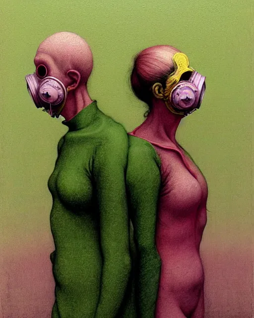 Prompt: Two exhausted doctors wearing gas masks, draped in silky gold, green and pink, inside a decayed operating room, in the style of Francis Bacon, Esao Andrews, Zdzisław Beksiński, Edward Hopper, surrealism, art by Takato Yamamoto and James Jean