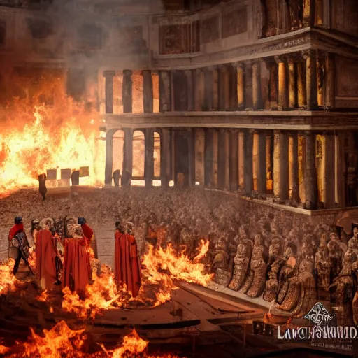 Image similar to cinematic shot of Legatus Lanius surrounded by ancient Roman soldiers standing inside of a burning casino, 8k, epic, dslr,