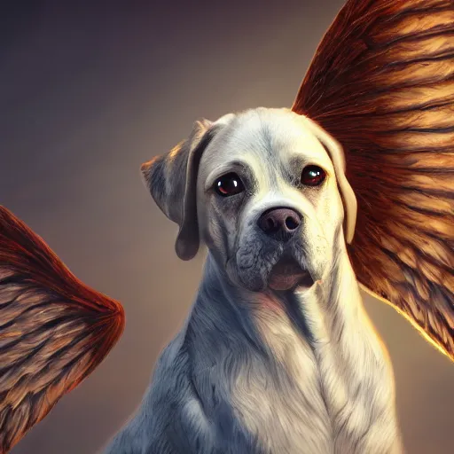 Image similar to an oil painting of a dog with wings, hd, hdr, ue 5, ue 6, unreal engine 5, cinematic 4 k wallpaper, 8 k, ultra detailed, high resolution, artstation, award winning