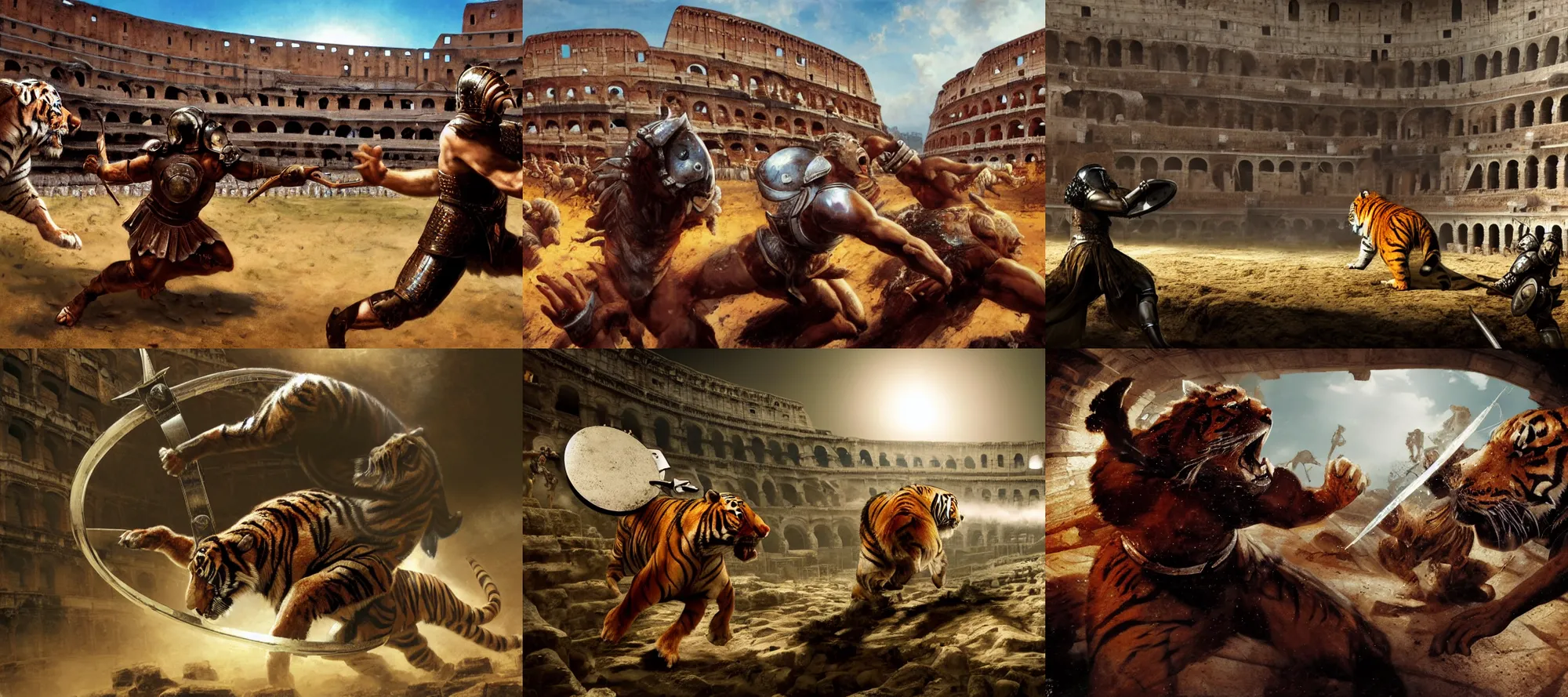 Prompt: incredible screenshot, huge Siberian tiger attacking a roman gladiator holding a reflective silver circle shield defensive fighting in a sandy arena in the Colosseum, dynamic camera angle, deep 3 point perspective, fish eye, dynamic scene, by phil hale, ashley wood, geoff darrow, james jean, craig mullins, Jean-Leon Gerome, 8k, hd, high resolution print