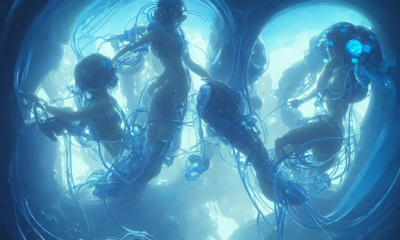 Image similar to Smal cyberpunk jellyfish, blue tones, underwater, 360, highly detailed, digital painting, artstation, concept art, smooth, sharp focus, illustration, art by artgerm and greg rutkowski and alphonse mucha