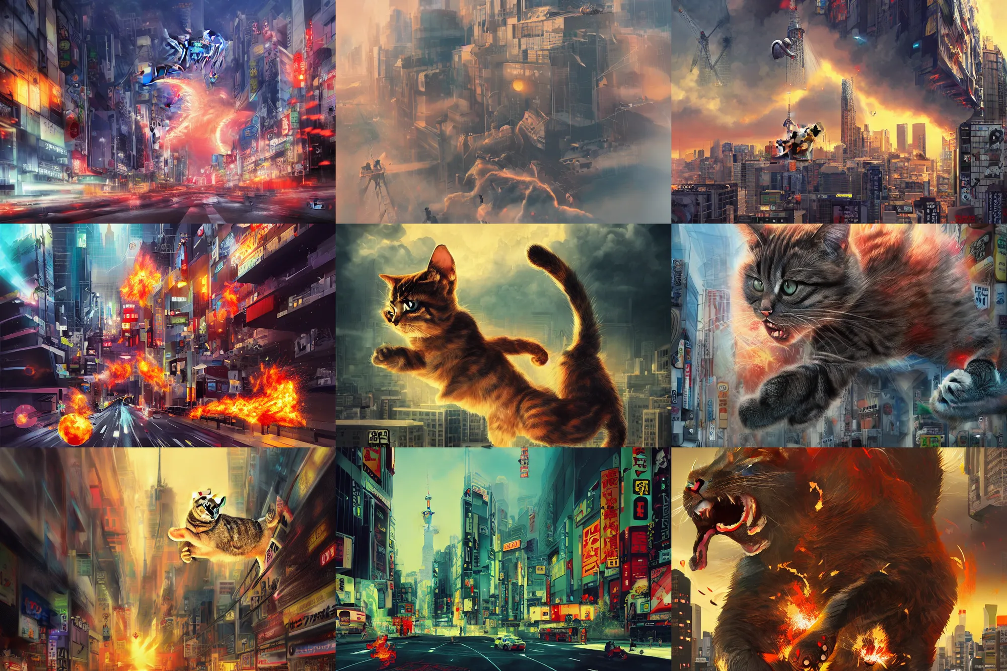 Prompt: cat attacking Tokyo, disaster movie poster, concept art, masterpiece, masterwork, artstation, cgstudio