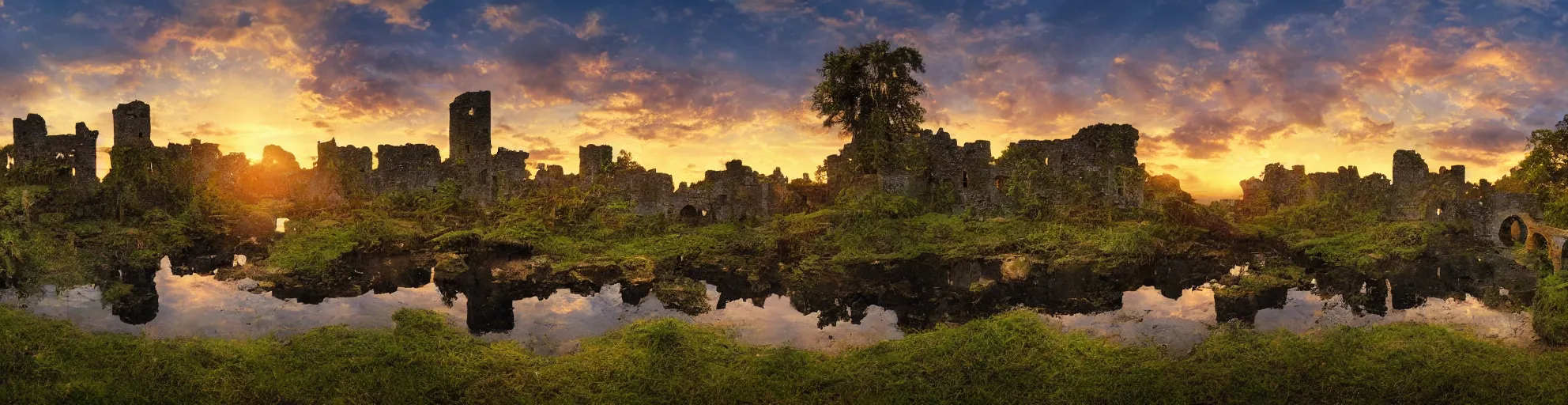 Prompt: panorama backlight of jungle bridge and gravyard castle ruins over lake cinemascope sunset extremely textured by frazetta