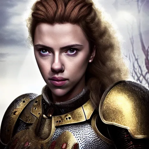 Prompt: head and shoulders portrait of a female knight, young scarlett johansson, armored, golden etched breastplate, horror, celtic hair braid, eldritch ruby, thunderstorm, by hr giger, face detail, sharp focus, low - key lighting, digital illustration