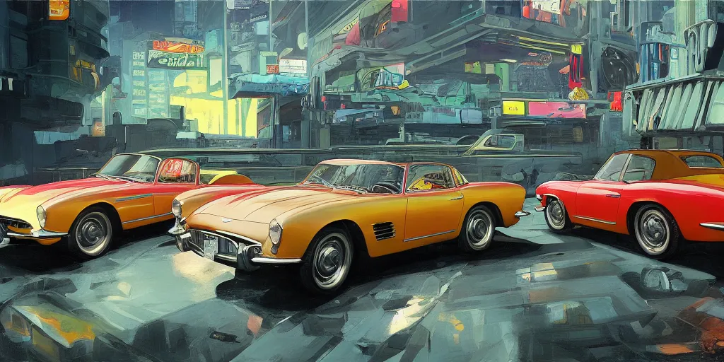 Image similar to art style by Ben Aronson and Edward Hopper and Syd Mead, wide shot view of the Cyberpunk 2077, on ground level. full view of the hybrid design between Aston Martin DB4 1958, Corvette C2 1969, and Mercedes-Benz 300sl 1955 with wide body kit modification and dark pearlescent holographic paint.