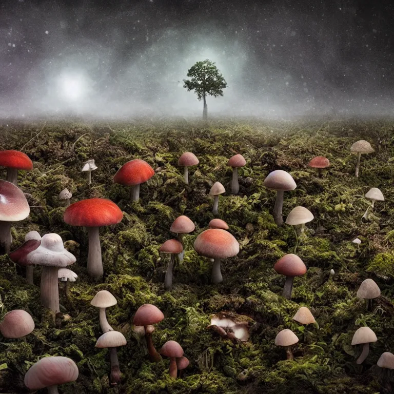 Image similar to a planet of various fungus, mushrooms and plants, inside the picture is infinity, Atmospheric phenomenon, artistic photography, muted colors, conceptual, long exposure outside the city, volumetric light