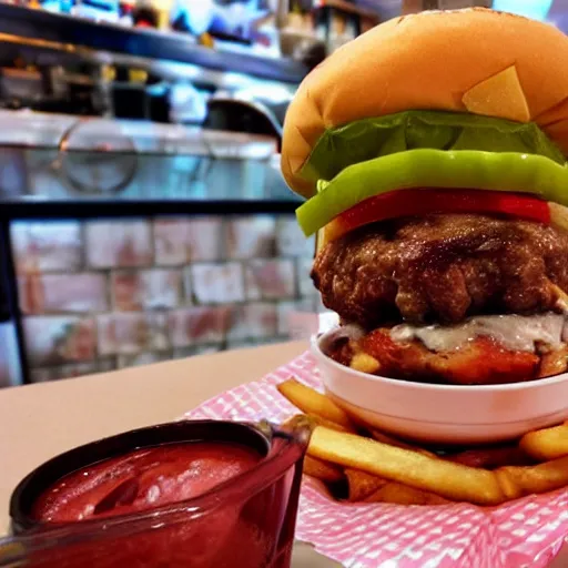 Prompt: finger burger, soda, fries, cursed, food photography