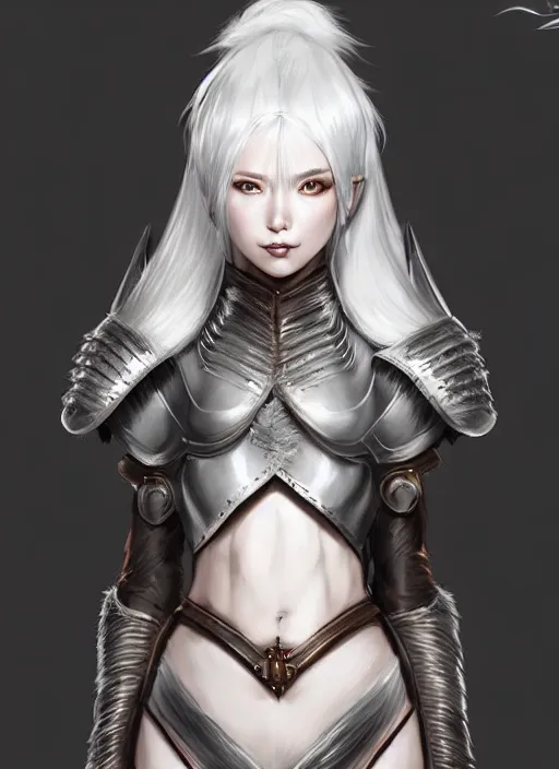 Image similar to warrior, fur leather armor!!! beautiful and elegant white hair female!! gorgeous ayes!! character concept art, sharp focus, octane render! unreal engine 5! highly rendered!! trending on artstation!! detailed linework!! illustration by artgerm, wlop, and chie yoshii