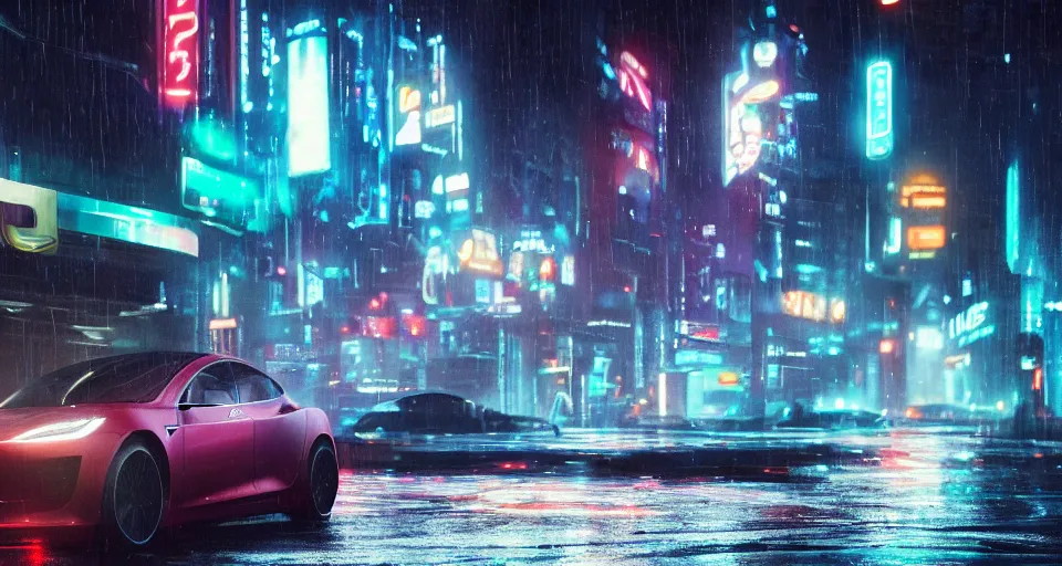 Image similar to close up macro shot of a tron tesla car on wet city street at night, intricate, hyper detailed, smooth, high contrast, neon, volumetric lighting, octane, moebius, greg rutkowski, blade runner, ripley scott, cindmatic