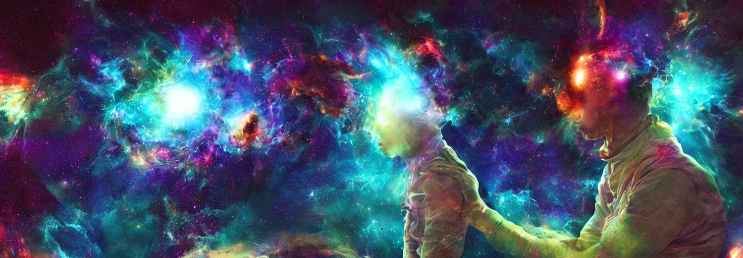 Image similar to mind - explding into the cosmos, mashup digital art masterpiece of beeple jean giruad and android jones, in the style of an exploding nebula