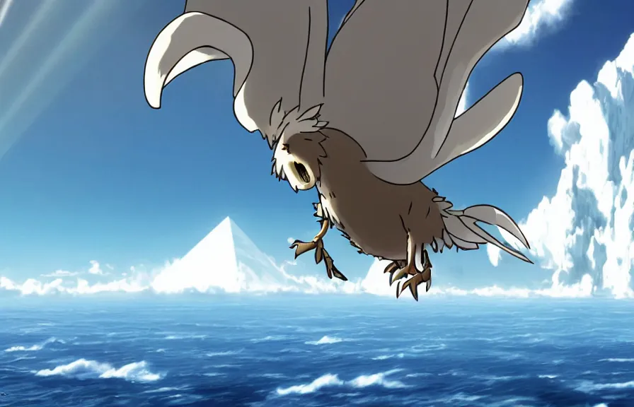 Image similar to a realistic cell - shaded cartoon of a griffon from howl's moving castle ( 2 0 0 4 ). in the background is a white pristine pyramid in the ocean. shafts of sunlight come from above. wide shot, very dull muted colors, hd, 4 k, hq