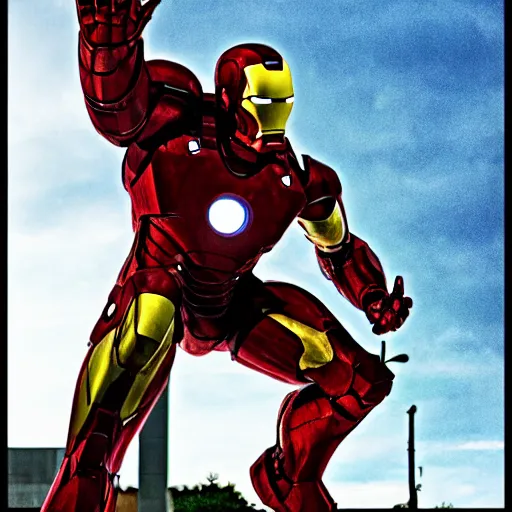 Prompt: photorealistic shot 50mm , full body, stained and rusted heavily dented iron man suite, HDR color, metal oxide texture