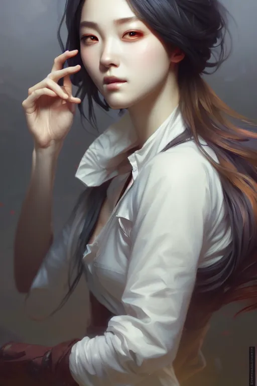 Image similar to beautiful digital painting of hoyeon jung gray background with high detail, 8 k, stunning detail, works by artgerm, greg rutkowski and alphonse mucha, unreal engine 5, 4 k uhd