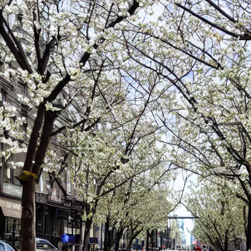 Prompt: This morning, all up and down the streets, what looks like every Callery Pear tree on the Upper West Side has popped overnight into clusters of white pear blossoms.