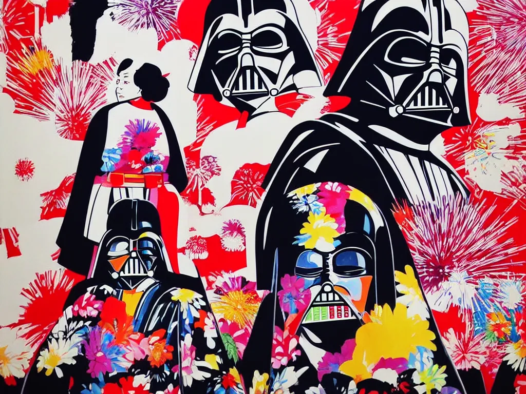 Image similar to hyperrealistic composition, in the middle the woman in a japanese kimono, behind her stands the darth vader, in front of her a table from the casino, in the background is ( ( mount fuji ) ) and fireworks, pop - art style, jacky tsai style, andy warhol style, acrylic on canvas