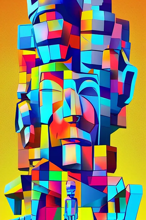 Image similar to cubist moai statue cutout digital illustration cartoon colorful beeple