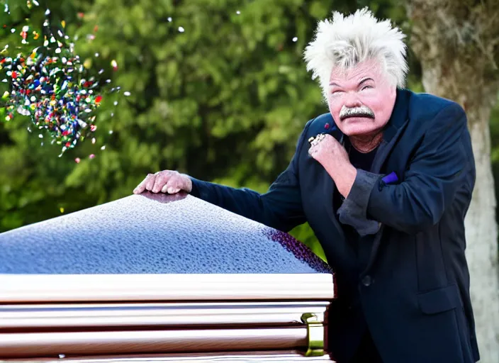 Image similar to photo still of rip taylor at a funeral service outside!!!!!!!! at age 5 4 years old 5 4 years of age!!!!!!! throwing confetti from a bucket, 8 k, 8 5 mm f 1. 8, studio lighting, rim light, right side key light