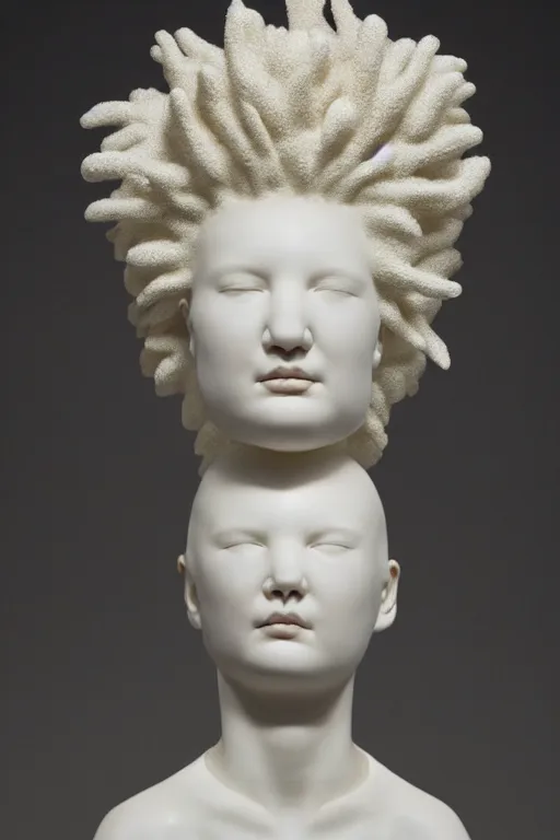 Prompt: full head and shoulders, beautiful female porcelain sculpture by daniel arsham and raoul marks, smooth, large hair is solid gold, all face features are white, on a white background, delicate facial features, white eyes, white lashes, detailed white, lots of 3 d giant axolotls on the head