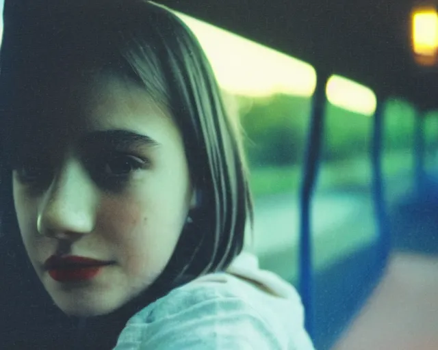 Image similar to lomo photo of shy goth girl sitting in empty bus, sunset, cinestill, bokeh