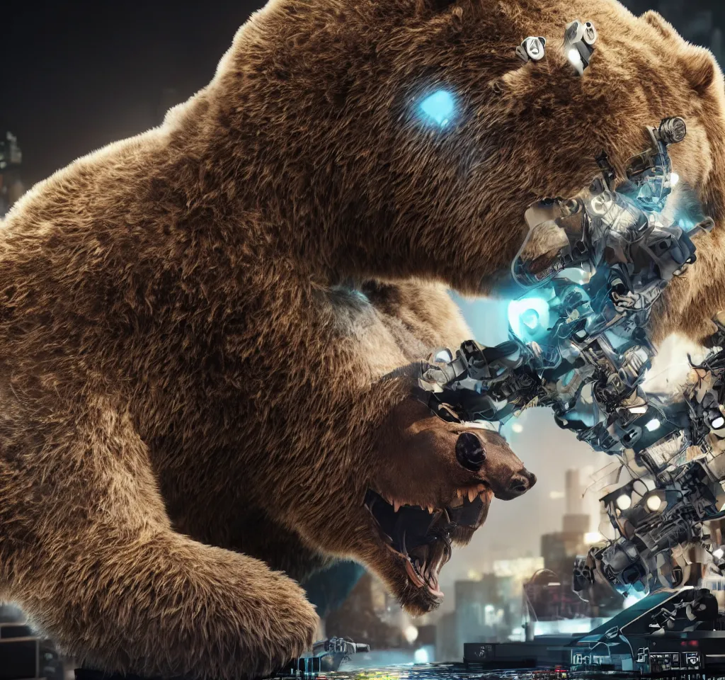 Image similar to a cyborg grizzly bear dj mixing records on stage, photorealistic, highly detailed, illustration, lifelike, highly detailed, intricate, octane render, sharp focus, cyberpunk,