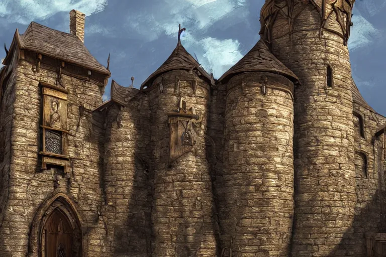 Image similar to A medieval keep, texture, intricate, details, highly detailed, masterpiece, architecture, building, trending on artstation, focus, sharp focus, concept art, digital painting, fantasy, D&D, tabletop, rpg, roleplay, sunny, day, midday, photograph, photo, still, movie still, screenshot