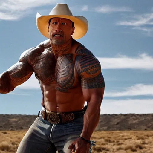 Image similar to film of Dwayne Johnson as cowboy