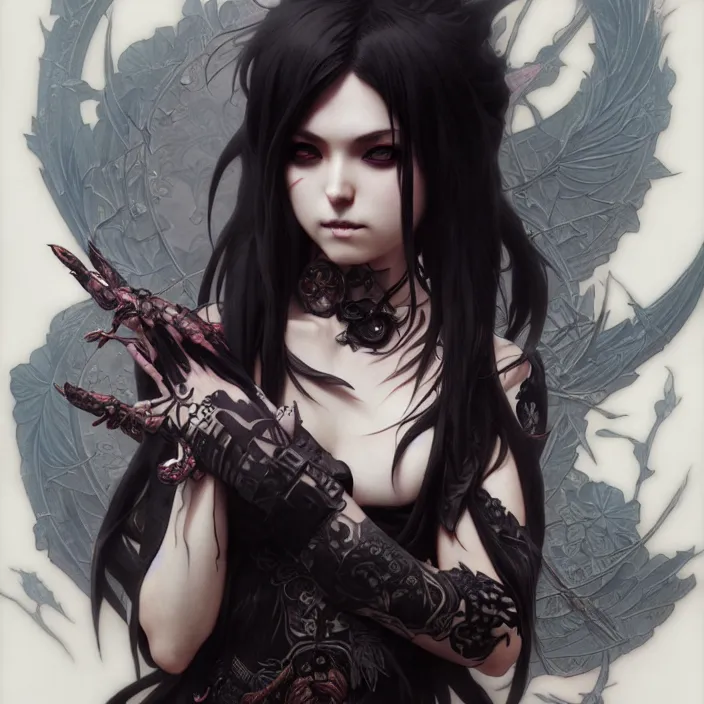 Image similar to anime female, fangs, goth, tattoos, leather, fantasy, intricate details, eerie, highly detailed, octane render, 8 k, art by artgerm and alphonse mucha and greg rutkowski