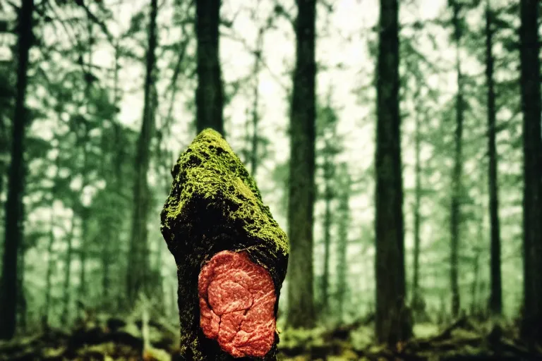 Image similar to terrible dark forest in the depths of which there is a thick butcher in a dirty shirt, chopping meat on a wooden stump, filmed hidden on a phone camera, Cinematic, wildlife photography, 35mm, photo on iphone