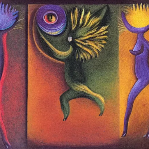 Prompt: Walking cycle sprite sheet of rainbow cat by Remedios Varo