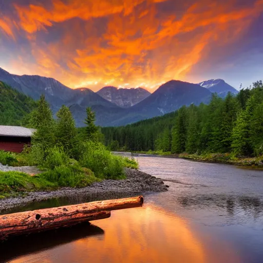 Image similar to DSLR still of a beautiful mountainside river with a pier and a log cabin at sunrise, 4k