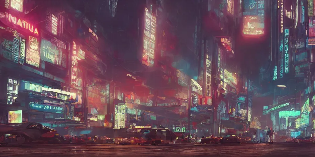 Image similar to a guatemalan solitary cyberpunk city with neon ads and signs with evocative dramatic mood with blade runner vibe with cars and floating vehicles with motion blur with depth of field with bloom with lightshaft with volumetric lights, fog, by jeremy mann, oscar winning graphics, photo realistic, bloom, imax, dynamic lighting, artstation,