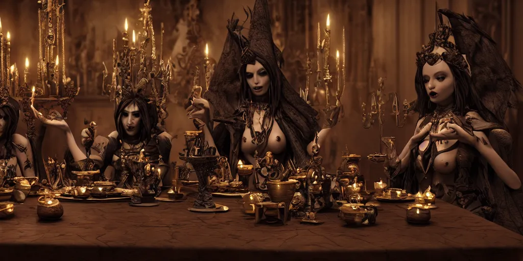 Image similar to dark witches sitting at a table doing a ritual. Ornate details, award winning. Octane render, 4k, 8k, unreal 5, very detailed, hyper control-realism, trending on artstation.”