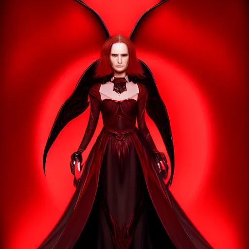 Prompt: beautiful female mage with red hair, natalie portman, black clothing, dark feathered wings, intricate, highly detailed face, trending on artstation, dramatic lighting, 4 k